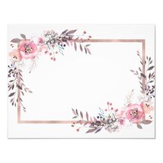 a white card with pink flowers and greenery on the border, in front of a white background