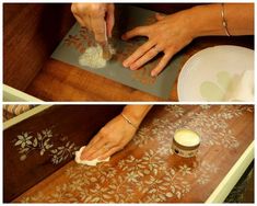 two pictures showing how to stencil flowers on wood and then applying them with paint