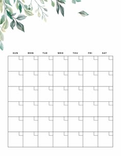 the printable calendar is shown with green leaves and branches on it, as well as an empty space for notes