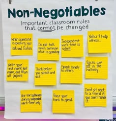 a bulletin board with yellow sticky notes on it that say non - negotiables