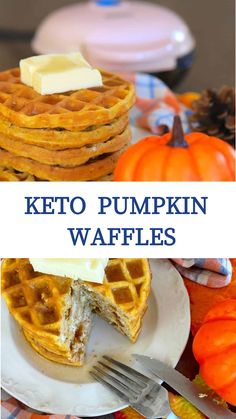 keto pumpkin waffles on a plate with butter and syrup in the background