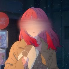 a girl with red hair standing in front of a sign that says, i don't know