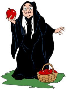 an old woman sitting on the ground with an apple in her hand and wearing a black robe