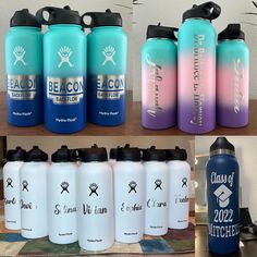 several different types of water bottles sitting on a table