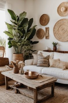 a living room filled with furniture and lots of plants in baskets on the wall above