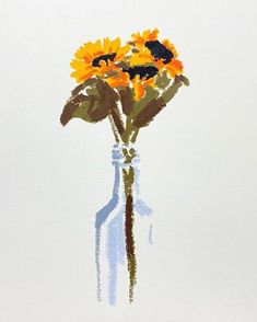 a watercolor painting of sunflowers in a glass vase on a white background