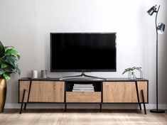 a flat screen tv sitting on top of a wooden entertainment center next to a potted plant