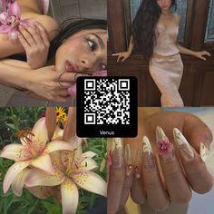 a woman with long nails holding flowers next to a flower pot and a qr code on her finger