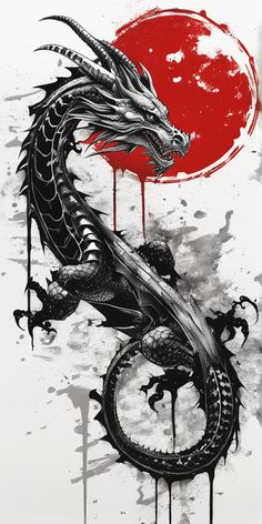 a black and white drawing of a dragon with blood dripping down it's body