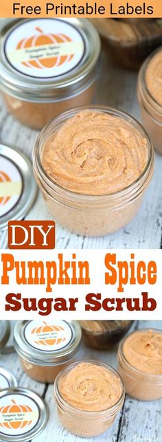 homemade pumpkin spice sugar scrub in small glass jars with text overlay that reads diy pumpkin spice sugar scrub