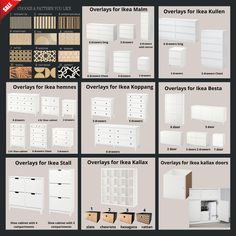 several different types of cabinets and drawers are shown in this graphic above it is the instructions for how to install them