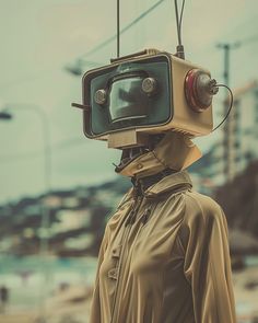 a person wearing a brown raincoat with an old tv on top of their head