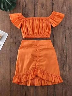 A Line Skirt Outfits, Crop Tops For Kids, Orange Two Piece, Ruffle Skirts, Color Outfits, Off Shoulder Dresses, Top Skirt Set, Crop Top Skirt, Short Sleeve Cropped Top