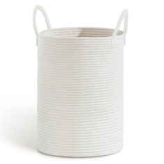 a large white basket with handles on the top and bottom, sitting in front of a white background