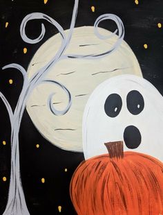 this is an acrylic painting of a ghost and pumpkin