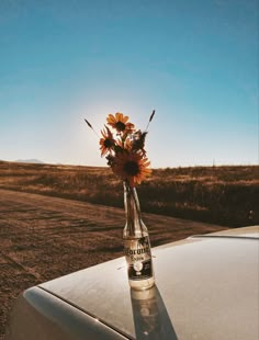 the sun shines brightly on an old car with a vase full of flowers in it