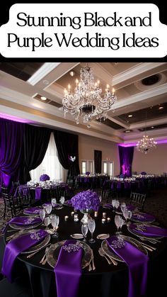 Elegant black and purple wedding decor with silver accents. Royal Purple And Silver Wedding Theme, Black Silver And Purple Party, Lavender Black And Silver Wedding, Dark Blue And Purple Wedding Decorations, Purple And Gold Bouquet Wedding, Purple And Gray Wedding Ideas, Purple Aesthetic Wedding Theme, Dark Purple Centerpieces