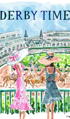 the cover of derby time, featuring two women in dresses and hats standing on a balcony