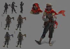 the concept art for an animated character is shown in various poses, including headgear and