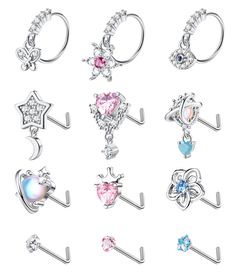 six pairs of piercings with different colors and designs on them, all in various shapes