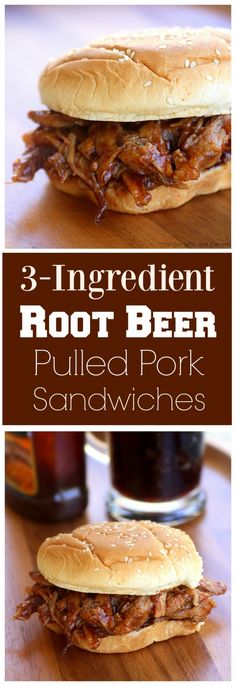 the three ingredient root beer pulled pork sandwiches are ready to be eaten and put on the table