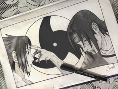 a drawing of two anime characters with one pointing at the other's face and holding a pen