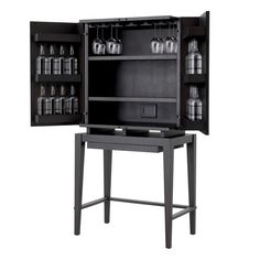 an armoire with two shelves, one open and the other closed to show bottles