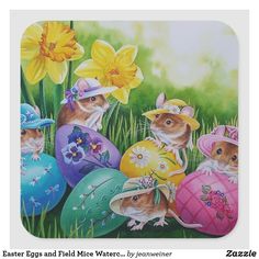 a painting of easter eggs and mice with daffodils in the back ground