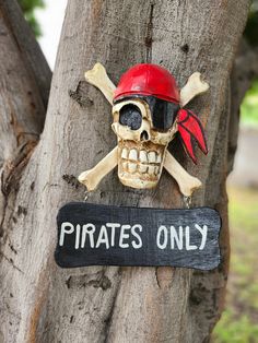 a pirate's only sign attached to a tree with a skull and crossbones on it