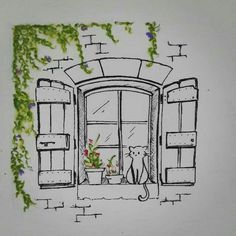 a drawing of an open window with a cat sitting in the window sill next to a potted plant