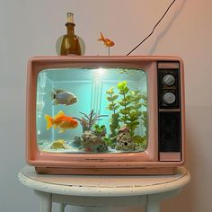 an old tv with fish in it sitting on top of a table