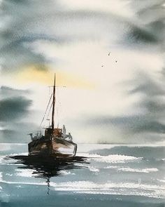 a painting of a boat in the water