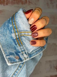 Nails For Autumn, Classic Red Nails, Pressons Nails, Fall Press On Nails, Deep Red Nails, Mixed Mani, Simple Fall Nails, Maroon Nails, Fall Gel Nails