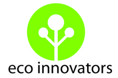 the eco innovators logo is shown in green and black with white letters on it