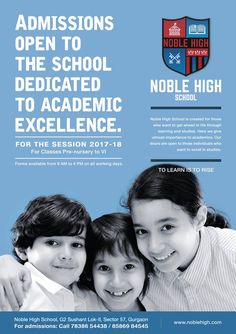 an ad for noble high school with two young children smiling and posing for the camera