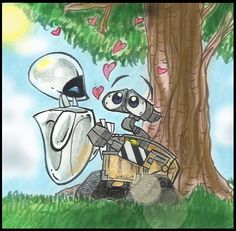 a drawing of two robots in the grass next to a tree with hearts on it