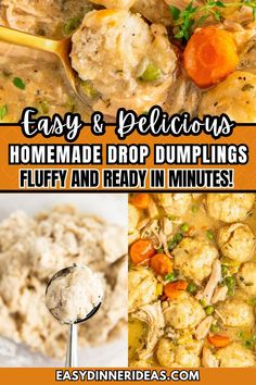 easy and delicious dumplings recipe with text overlay that reads easy and delicious dumplings homemade drop dumpings fluffy and ready in minutes