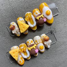 Cheese Nail Design, Cheese Nail Art, Bakery Nail Art, Bread Nails, Cheese Nails, Pikachu Nails, Food Nail Art, Diy Rhinestone Nails, 3d Acrylic Nails