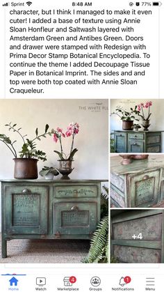 an old dresser is painted green and has flowers in it