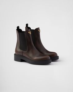 Dark Brown Leather Chelsea Boots | PRADA Leather Chelsea Boots Women, Re Edition Prada, Brown Leather Chelsea Boots, Prada Boots, Brown Chelsea Boots, Ballerina Slippers, Luggage Bags Travel, Chelsea Boots Women, Mens Travel Bag