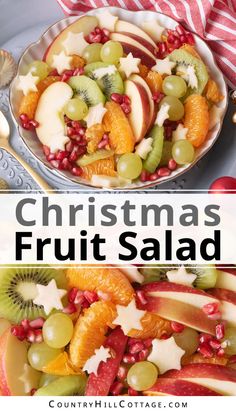 christmas fruit salad with pomegranate, kiwis and apples in it