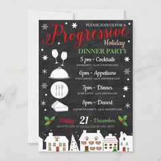 a christmas party poster with the words, please for a progressive holiday dinner