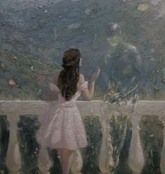 a painting of a girl standing in front of a window looking out at the rain