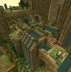 an aerial view of a city with lots of trees and plants on the roof, in minecraft