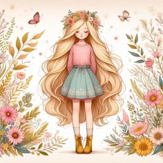 a girl with long blonde hair standing in front of flowers and butterflies