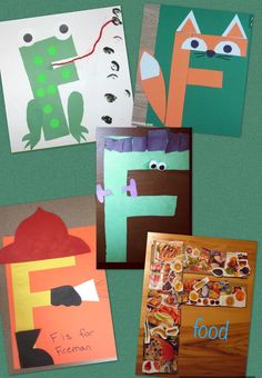 four different pictures of children's artwork and crafts on a green background with the words f is for fireman