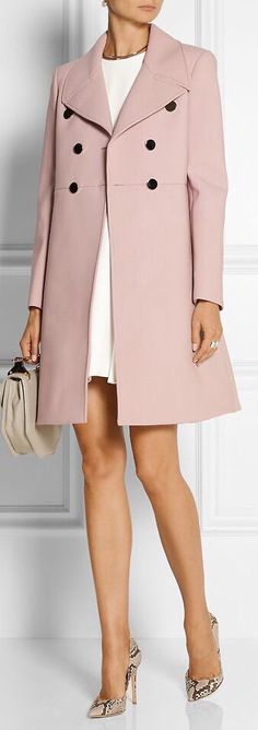 Women's fashion | Patterned heels, white dress and pastel coat Coat Outfit, Winter Outerwear, Long Trench, Pink Coat, Medium Long, Trench Coats, Womens Fashion Trends