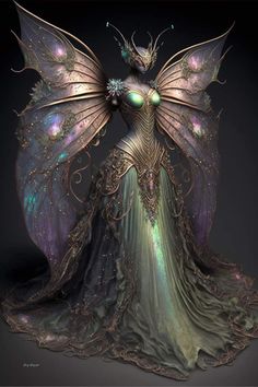 a woman dressed as a fairy standing in front of a dark background with an intricate design on her body and wings