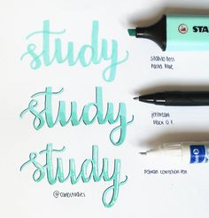 three pens sitting next to each other on top of a sheet of paper that says study study