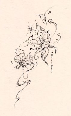 an ink drawing of flowers on paper with water droplets and swirls around the petals